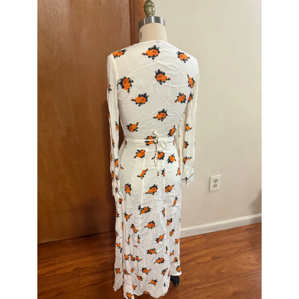 Women's GANNI Long Sleeve Wrap Dress in White with Orange Floral, Size 4